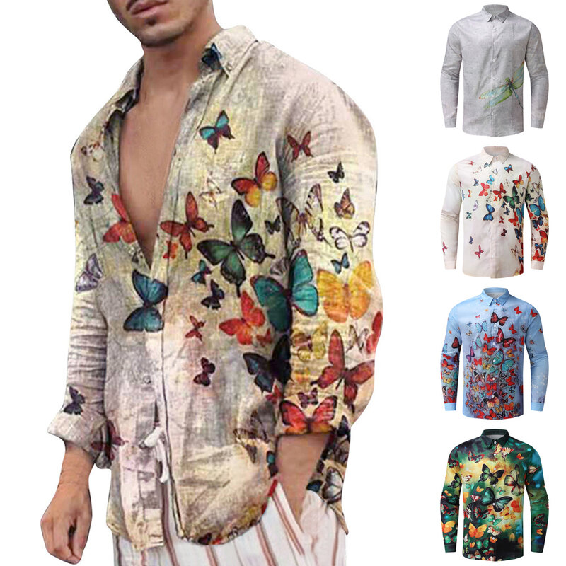Camisa de manga comprida slim fit masculina, botão por cima, estampa borboleta, solta, havaiana, plus size, tops