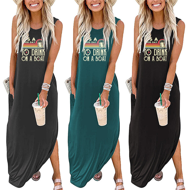 Summer large size loose casual sports vest dress beach skirt pocket long skirt IT'S A GOOD DAY TO DRINK drinking party dress