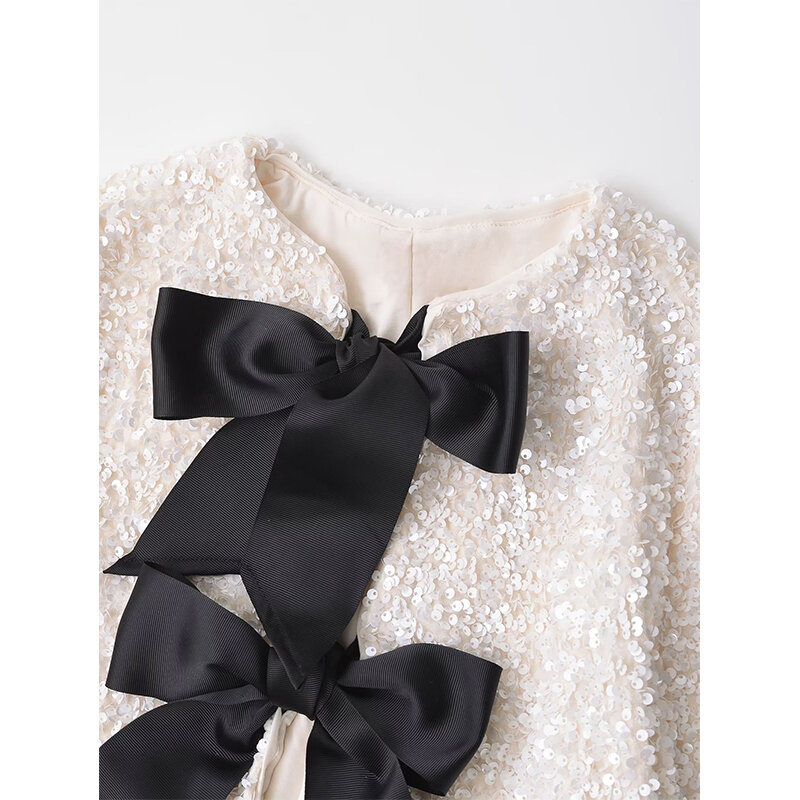 Sleeve O Neck Female Party Elegant Crop Coat New Women Contrast Color Bow Sequin Jacket Long