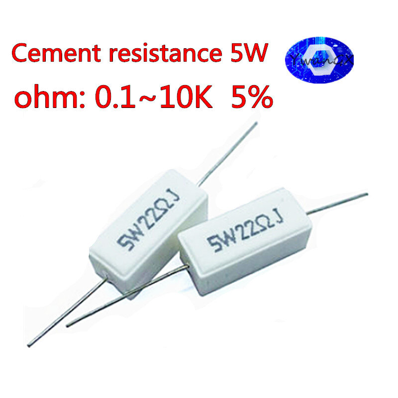 ซีเมนต์ Resistor 5%, 5W, 0.1 ~ 10K, 0.1R, 0.5R, 1R, 10R, 100R, 0.22, 0.33, 0.5, 1 2 5 8 10 15 20 25 30 100 1K 10K Ohm 10PCS