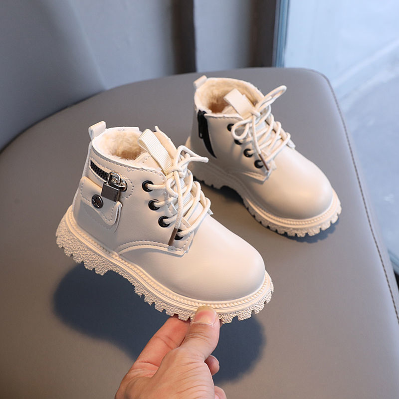 Moda chłopcy nowoczesne buty Zip sznurowane buty skórzane do kostki ciepłe dziewczęce buty zimowe dziecięce buty antypoślizgowe dziecięce trampki obuwie