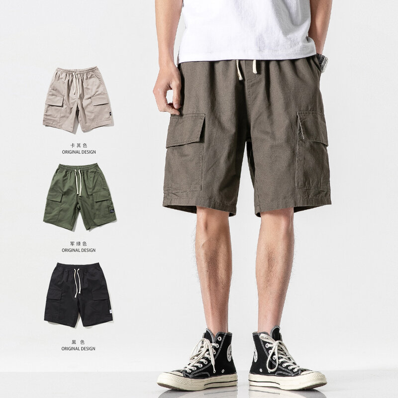 Summer Men'S Overalls Shorts New Japanese Style Loose Cotton Large Pocket Casual Solid Color 5 Point Pants