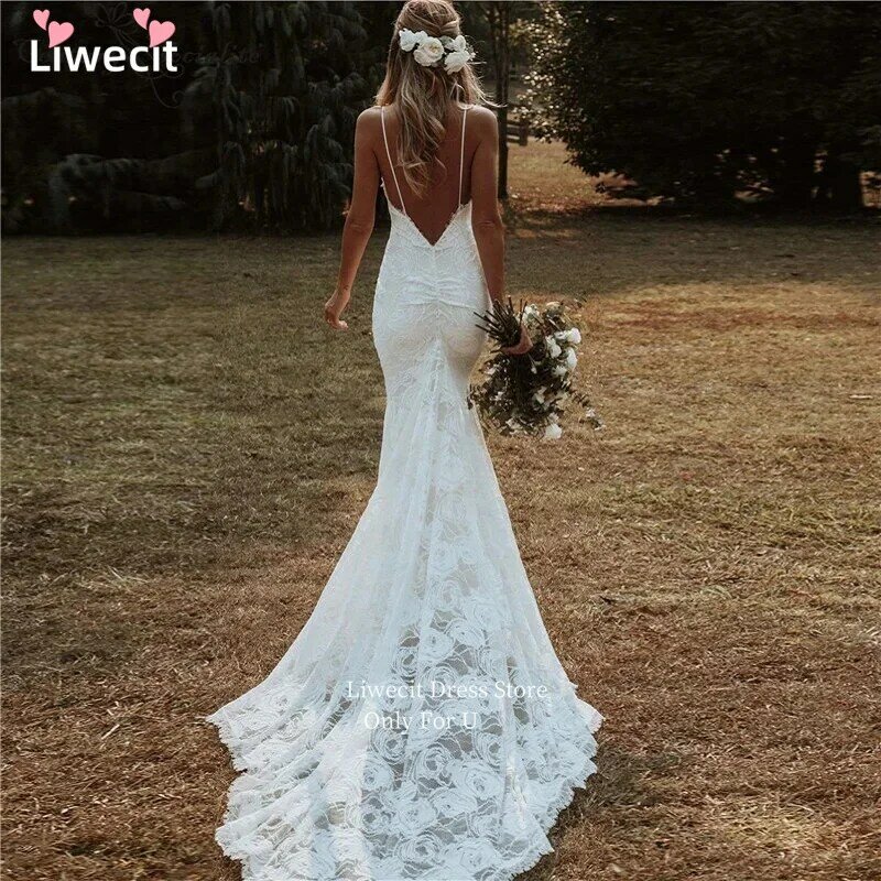 Liwecit Boho Mermaid Wedding Dress Lace Spaghetti Straps Backless Beach Bride Dresses Sexy Bohemian Bridal Gown Vestido De Noiva