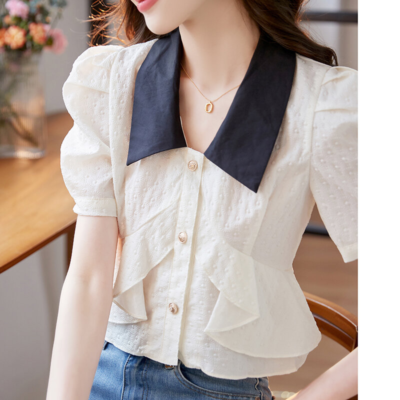 Летняя женская рубашка QOERLIN с пышными рукавами и коротким рукавом, новинка 2024, шифоновая блузка с отворотом и оборками, облегающие Короткие топы, рубашка, укороченный топ