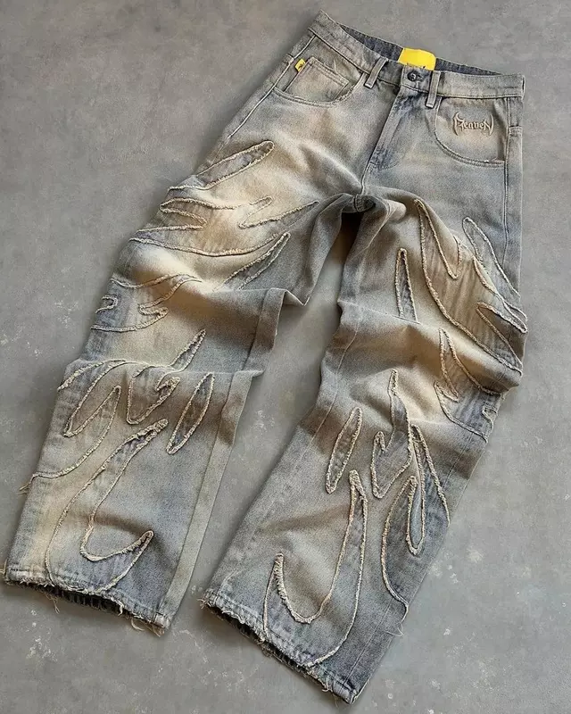 Y2k w trudnej sytuacji patchworkowe workowate dżinsy dla mężczyzn w stylu Vintage nieobszyte brzegi spodnie dżinsowe kobiet Streetwear proste spodnie z szerokimi nogawkami