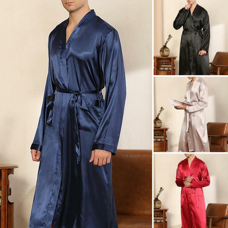 Roupão de manga longa masculino de comprimento médio, camisola de roupa de casa, cetim liso, cintado, outono, primavera