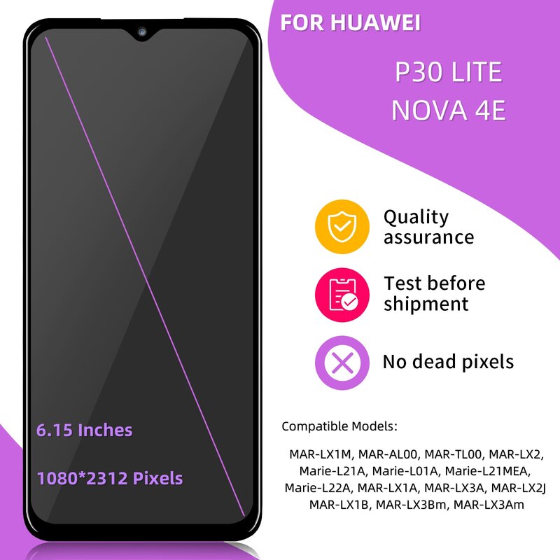 Écran tactile LCD de remplacement pour Huawei P30 Lite, 6.15 pouces, pour téléphone P30 Lite Nova 4E
