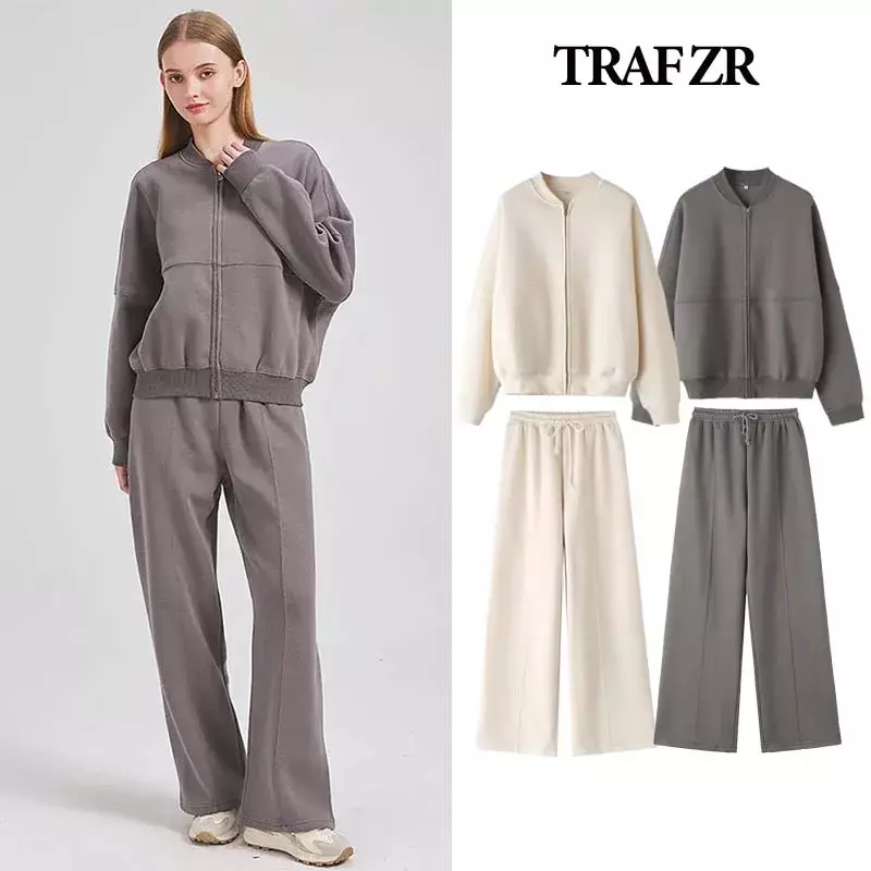 TRAF ZR-Conjuntos de treino de manga comprida feminino, cardigan com zíper, roupas outono, calças largas, roupas, roupas esportivas, ternos, vestido