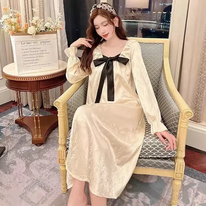 41106Korean version mid-length nightdress women's new ice silk pajamas sexy lace loose large size home service spring and autumn