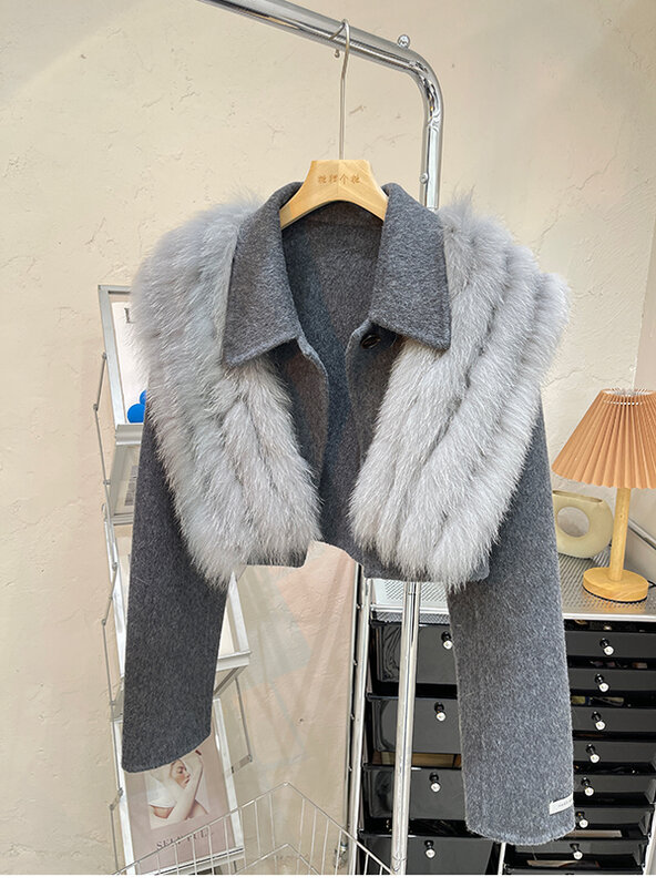 Mantel bulu asli untuk wanita, mantel Luaran wol halus kerah bulu rubah alami musim gugur musim dingin untuk wanita