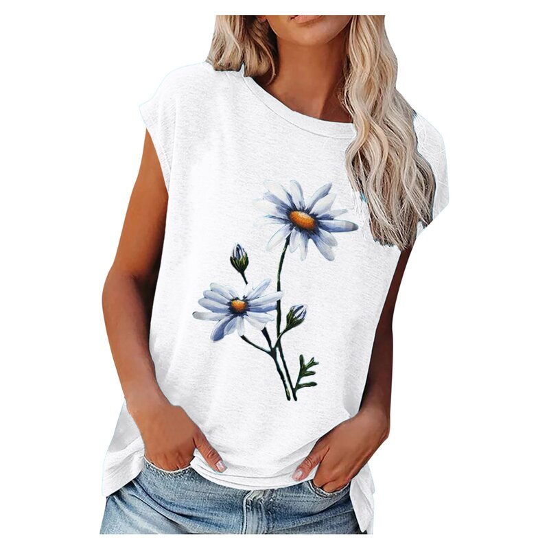 Kaus gambar bunga Pullover kerah V seksi wanita t-shirt longgar lengan pendek kasual pakaian musim panas 2023 atasan kaus ukuran besar wanita
