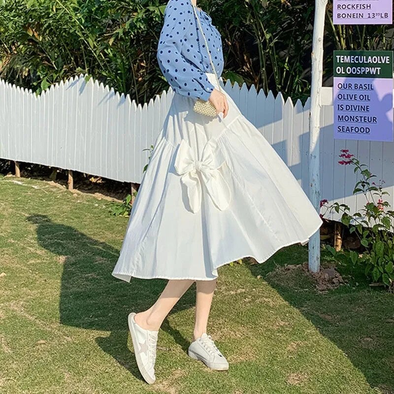 Harajuku plisowana spódnica wysoki pas dla kobiet spódnica z wysokim stanem kokardka 2024 elegancka modne spódnice spódnica trzy czwarte koreański styl