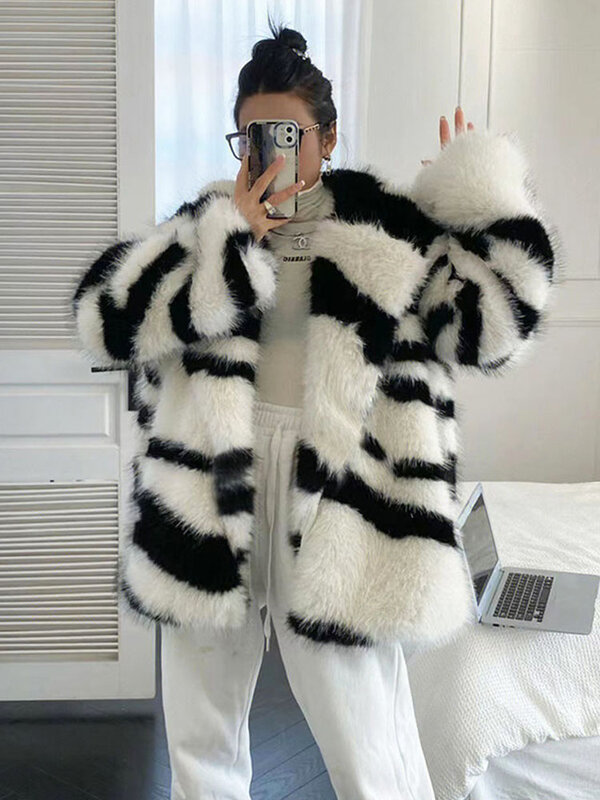 ZADORIN-casacos de inverno femininos, luxo, listrado zebra, pelagem de raposa fofa, casaco de pele sintética, lapela, jaqueta extragrande meio longo, 2022