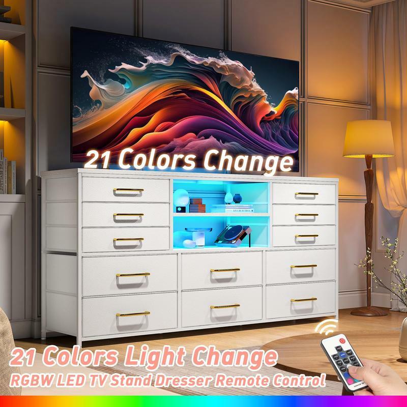 Soporte de TV vestidor para dormitorio con toma de corriente y luces LED para sala de estar, centro de entretenimiento, 65 ", 12 telas