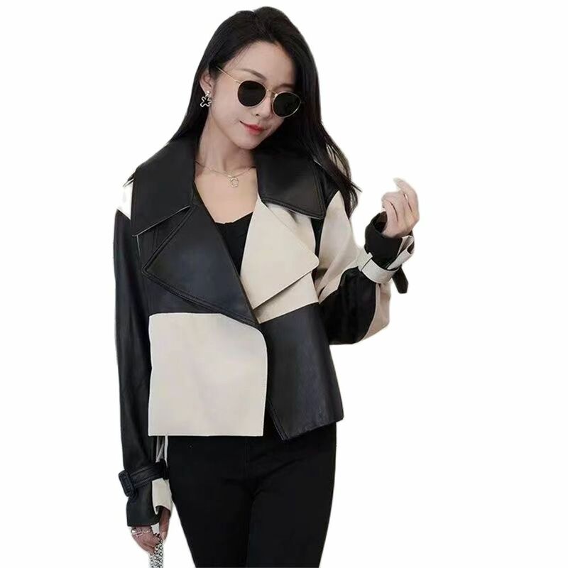 Casual Black And White Color Matching Womens Genuine Leather Jacket Spring Autumn Real Sheepskin Coat Female Chic Lady Outerwear