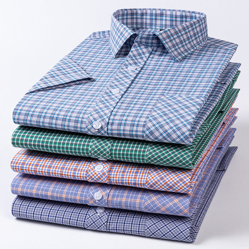 plus size 100%cotton thin short sleeve shirts for men slim fit casual plain shirt hawaiian plaid shirt korean popular clothes