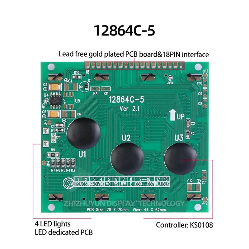 並列ポート付きLCDディスプレイモジュール,青と黄色の画面,緑の型,12864c-5,128*64, 3.5インチ,78x70mm,nt7108,18ピン