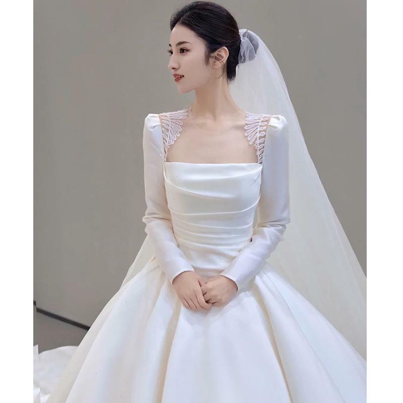 Vestido de noiva de colarinho quadrado com manga comprida, vestidos de noiva princesa, simples e luxuoso, moda nova