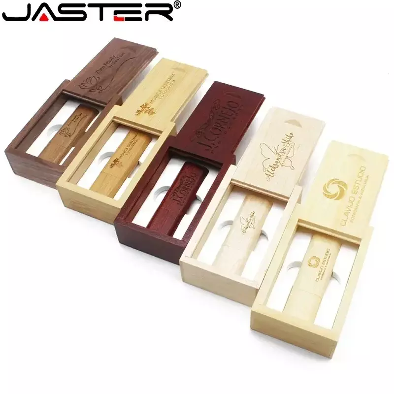 JASTER-Madeira Bamboo USB Flash Drive com Caixa, Logotipo Personalizado Grátis, Memory Stick, Presente de Casamento, 16GB, 32GB, 64GB