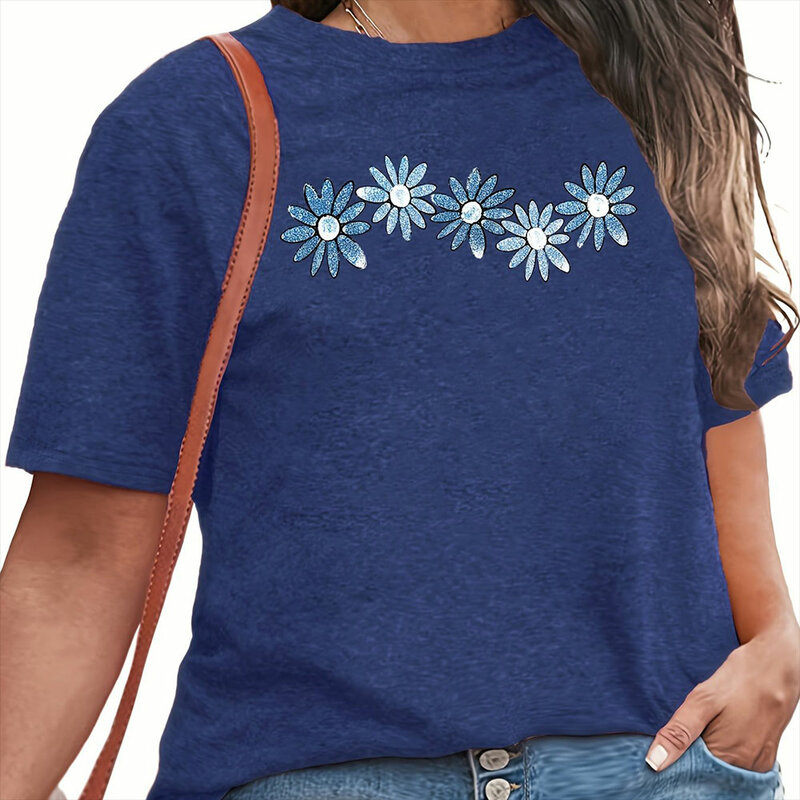 Damen T-Shirt Sommer Rundhals ausschnitt Kurzarm Blumenmuster gedruckt Datum elegante Top Freizeit kleidung Frauen Party T-Shirt