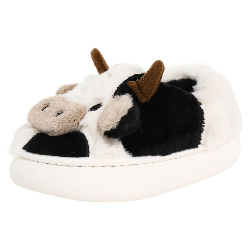 Dzieci urocze zwierzęce futrzane pantofle dla chłopców dziewczyny moda puszyste ciepłe zimowe kapcie dzieci kreskówka krowa mleczna bawełniane buty do domu