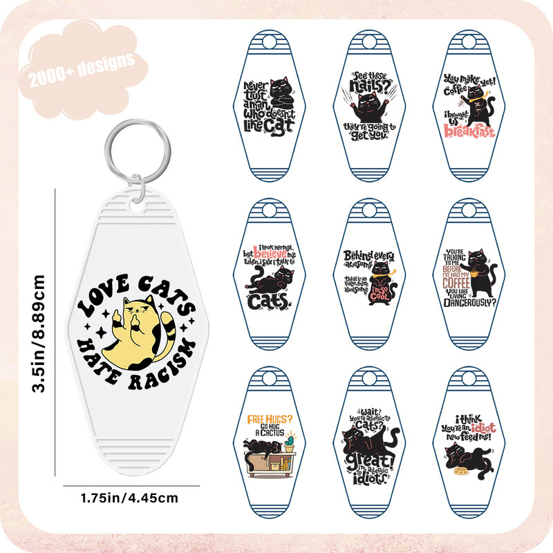 5PCS UV DTF Motel KeyChain Decals Cute little black cat Stickers Transfers Print Bundle For Hotel KeyChains Decoration