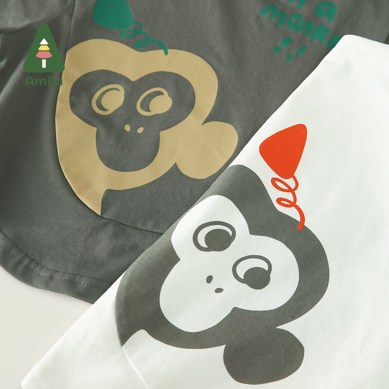 Amila 2024 Summer New Baby Boys Set Cartoon Monkey Print cotton Short sleeve + Pants Children's Clothing 0-6Y