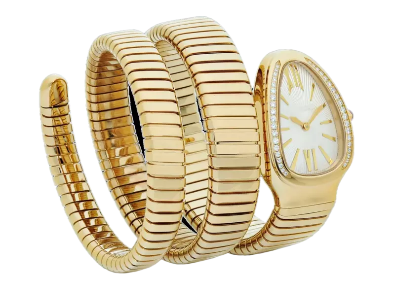 Top Quality Women Snake Yellow Gold Long Bracelet Diamond Bezel Rome White Quartz Stainless Steel Sapphire Ladies Wristwatch