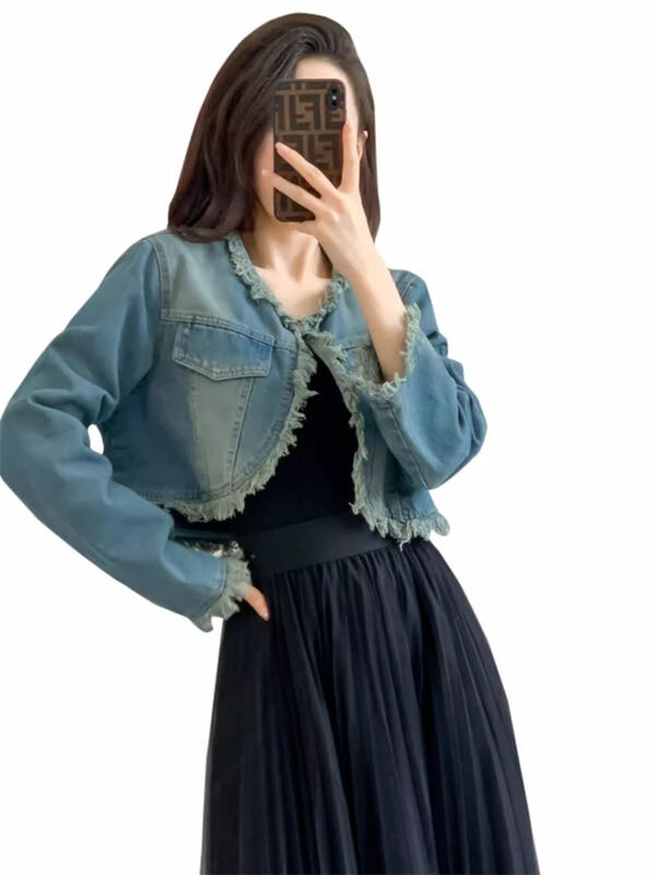 Short Fur Eedge Denim Jacket For Women's Spring And Autumn 2024 New Loose Retro Design Casual Crop Jeans Top Trendy Coat K1035