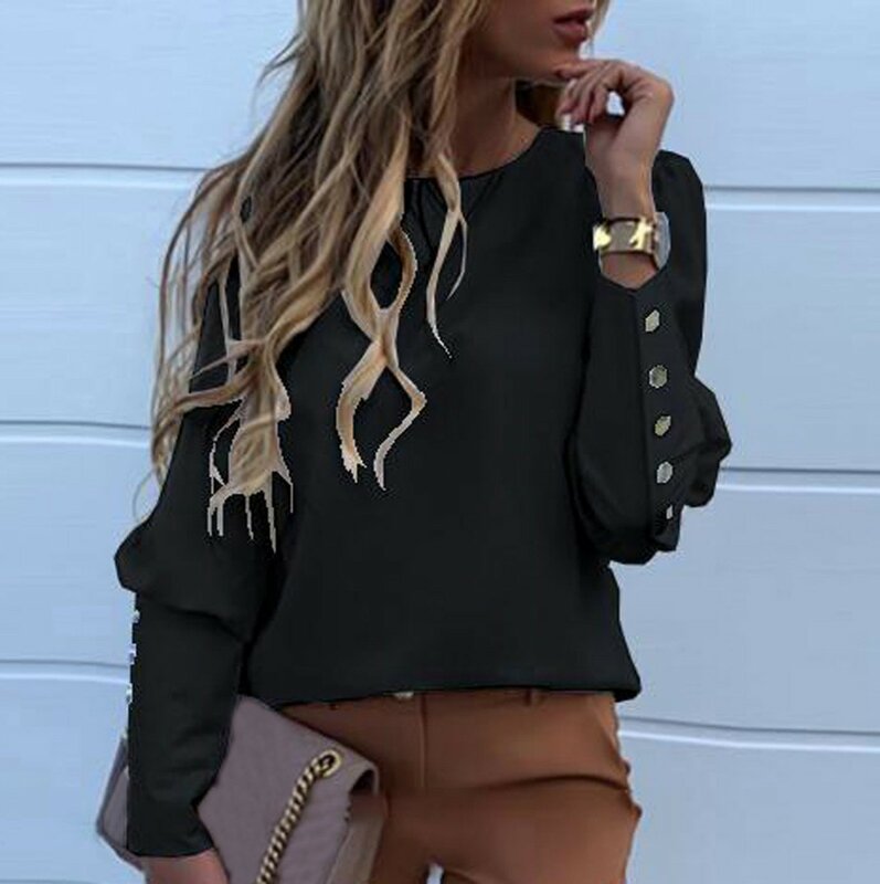 Women's Fashion Solid Color Round Neck Long Sleeves Metal Buckle Decoration Shirt Blouses Ladies Loose Temperament Tunic Tops
