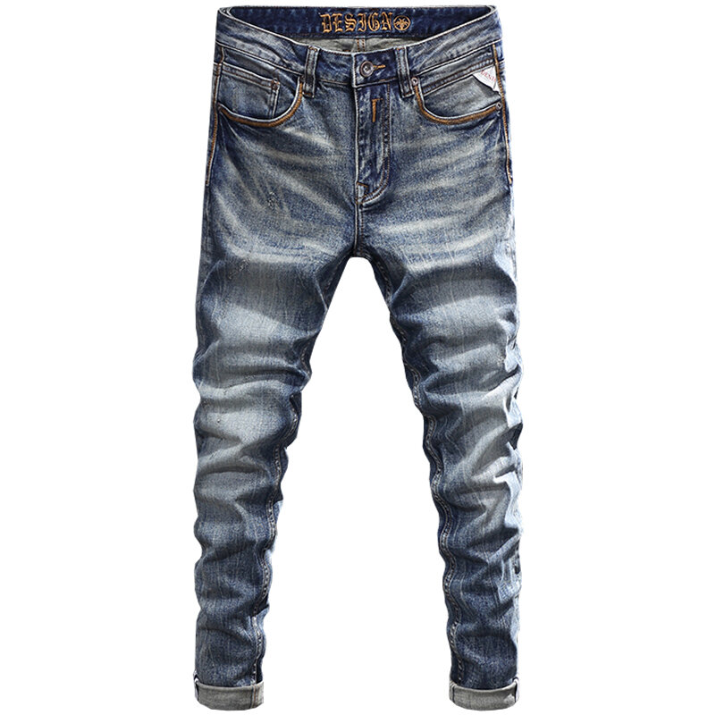 Fashion Designer Men Jeans High Quality Retro Blue Elastic Slim Fit Ripped Jeans Men Italian Style Vintage Denim Pants Hombre