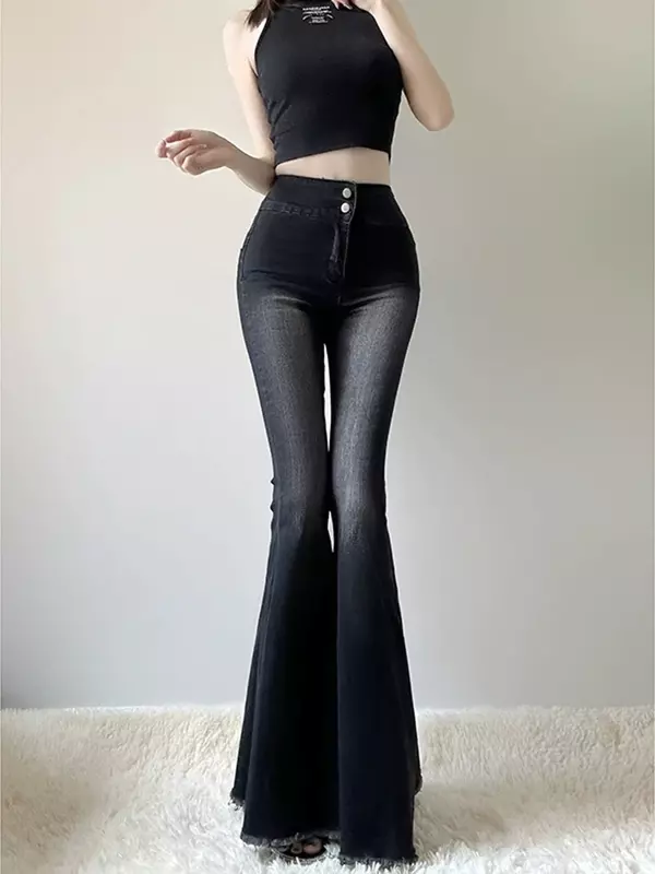 กางเกงยีนส์สตรีทเอวสูงสีดำแบบเรียบง่ายกางเกงขาบานสำหรับผู้หญิงกางเกงยีนส์แฟชั่นชิคชิคชิค