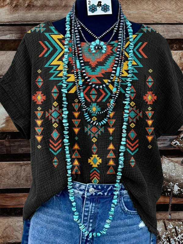 아즈텍 프린트 캐주얼 셔츠, 장인 멕시코 멀티 컬러 티셔츠