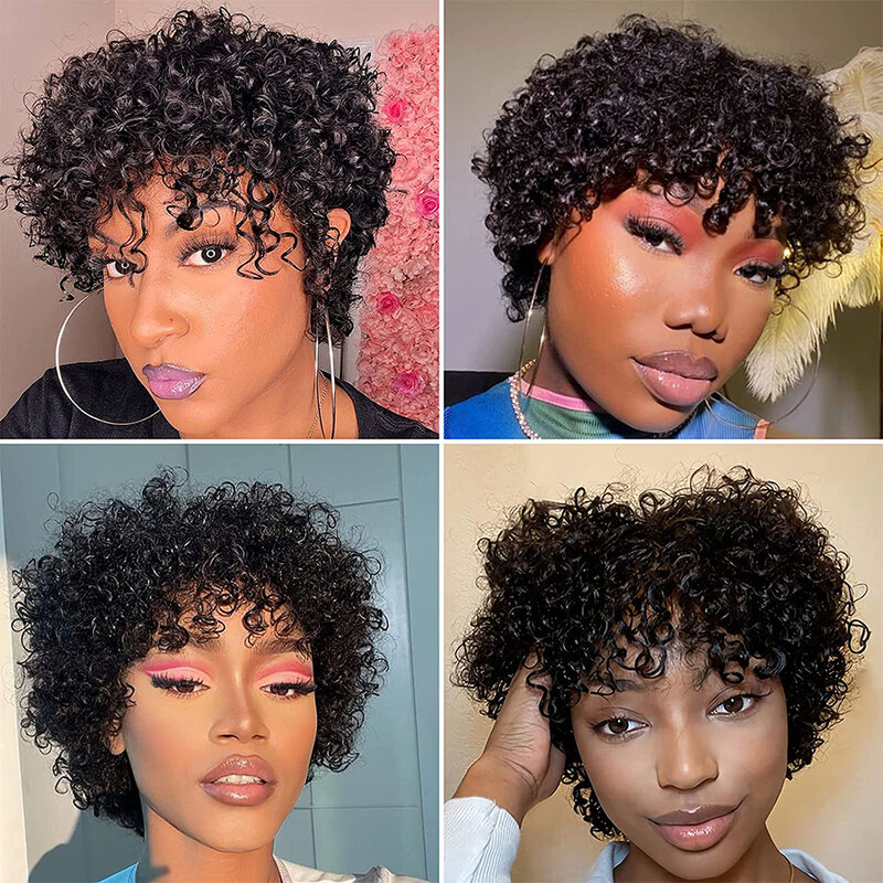 Short Curly Pixie Cut Human Hair Wigs for Women Black Color Malaysian Remy Hair Full Machine Made Glueless Wig 180% Density