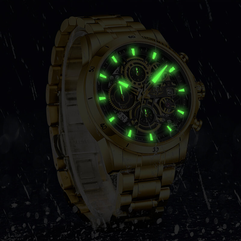 Часы наручные LIGE Мужские кварцевые, брендовые Роскошные спортивные светящиеся водонепроницаемые с хронографом, золотистые чёрные