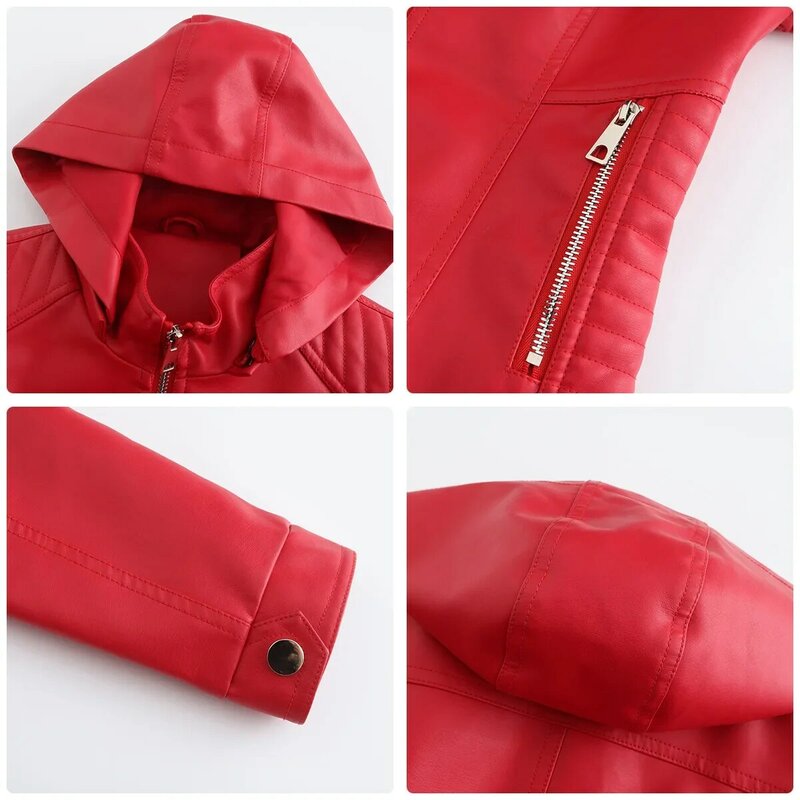 Bright Red Women Hooded PU Jacket Hat Removable Windproof Tops Fashion Casual Leather Coat Black Blue Coffee Khaki Pink S-XXXL