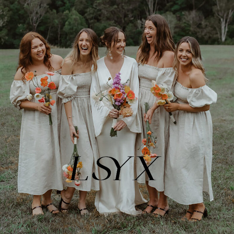 LSYX-vestido de novia de satén acampanada de manga larga con cuello en V profundo, Simple, línea A, espalda abierta, largo hasta el suelo, tren de corte, hecho a medida