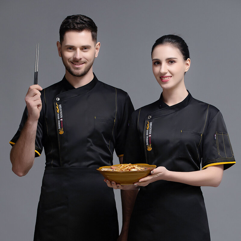 Casaco de manga curta chef uniforme cozinha respirável cozinhar jaqueta restaurante do hotel café barbeiro garçom trabalho camisa unisex 2022