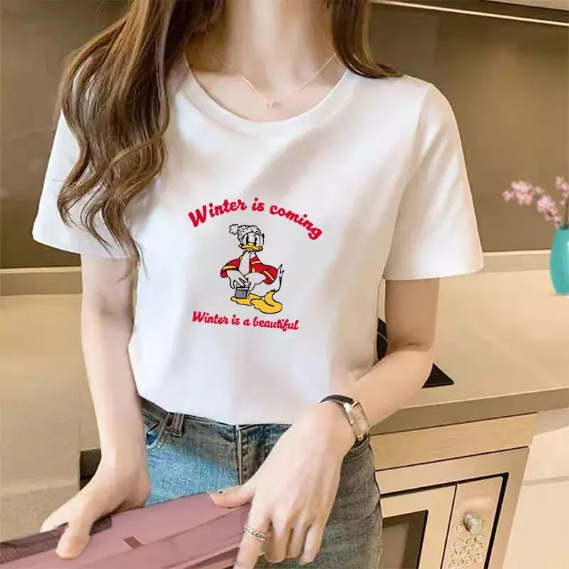 Disney Cartoon T-Shirt Mickey Mouse topy Donald Kawaii ubrania dla kobiet bawełna drukowana odzież lato głupkowata słodka koszulka damska