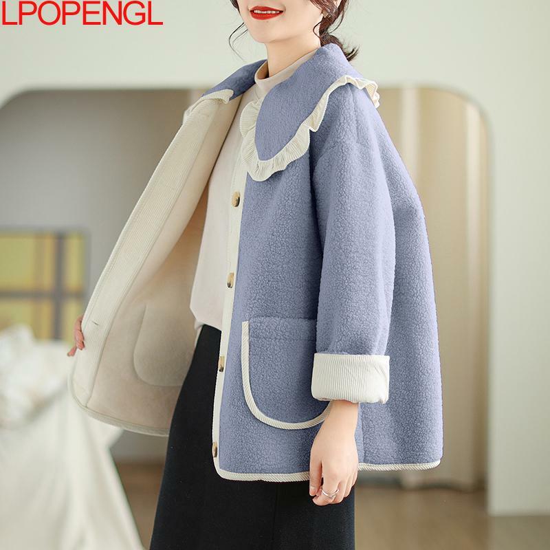 Lamb Wool Cardigan Wide-waisted Jacket Women's Autumn And Winter Loose Patchwork Long-sleeved Streetwear Single Breasted Coat