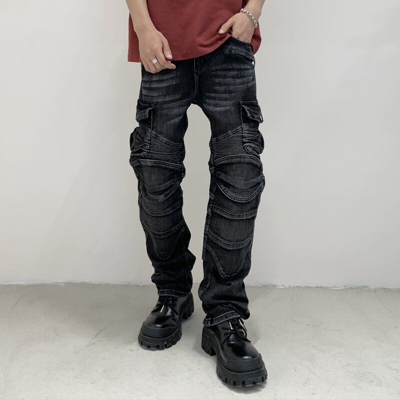 Jeans sepeda motor pria, celana panjang lurus Slim-Fit desain jahitan multi-saku batu tampan jalanan
