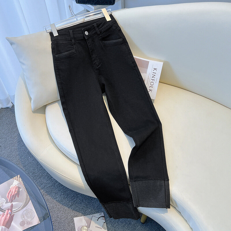 2024 Spring Autumn Women's Jeans High Waist Slim Fit Flipped Panel Elastic 9-point Pipe Pants Female Denim Straight Trousers