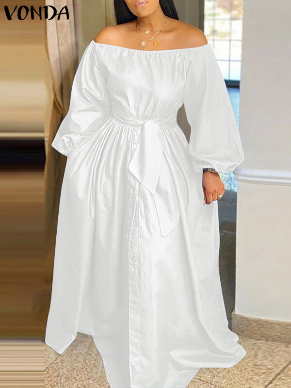 VONDA-Robe longue d'été maxi pour femme, grande taille 5XL, boutons décontractés, couleur unie, tenue de soirée bohème, ceinturée, élégante