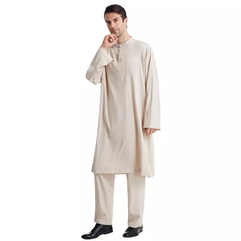 Baju Muslim model Arab, baju gamis berkancing + pants2pcs, baju Abaya Arab Saudi, baju harian Muslim Islam