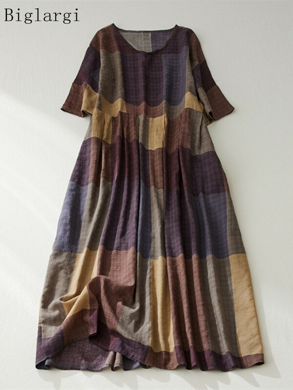 Robe longue d'été grande taille pour femmes, en coton et lin, à carreaux, décontractée, à la mode, 2023