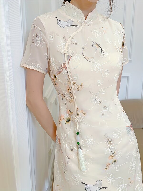 Vestido Cheongsam padrão de guindaste feminino, Qipao gola mandarim, Roupa vintage