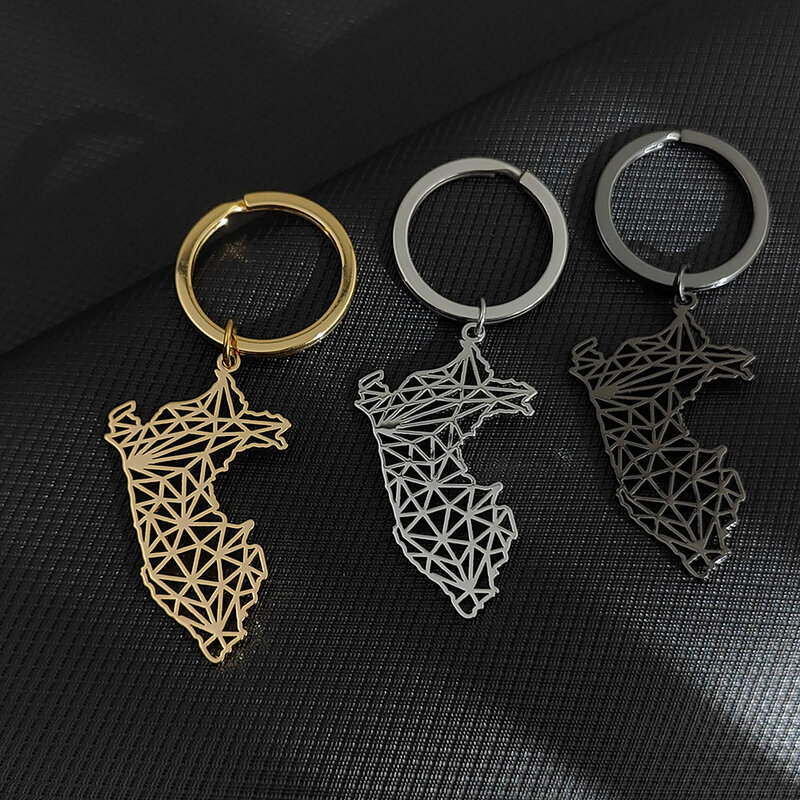 Porte-clés en acier inoxydable avec pendentif carte du Pérou, porte-clés pour femmes et hommes, accessoires de voiture, bijoux cadeaux de fête, vente en gros