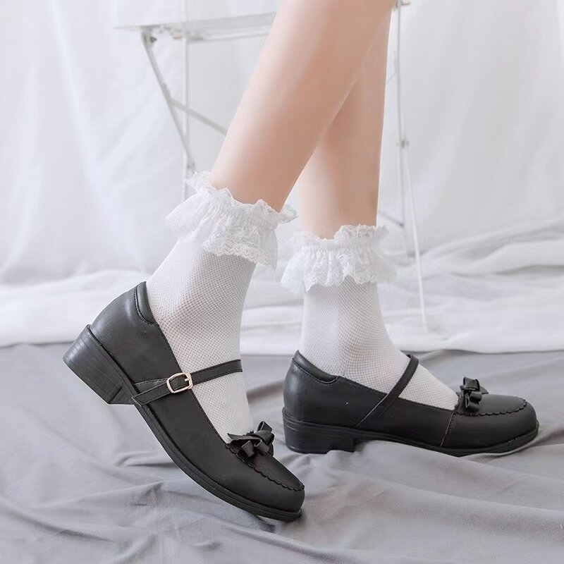 ถุงเท้าลูกไม้ผู้หญิง Lolita JK ถุงเท้าหุ้มข้อสไตล์ญี่ปุ่นสีขาวดำทึบสำหรับเด็กผู้หญิงน่ารักผ้าฝ้ายสำหรับสุภาพสตรี