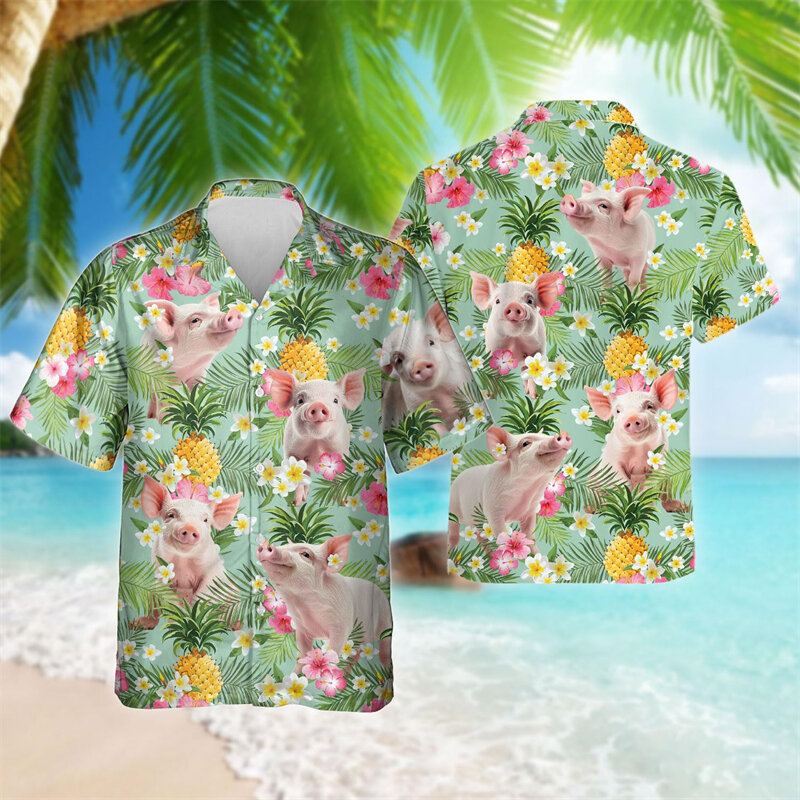Camisa de playa con estampado 3D de cerdo Animal divertido para hombres, camisas gráficas lindas para mascotas, ropa informal Hawaiana para surfear, blusas para niños de manga corta