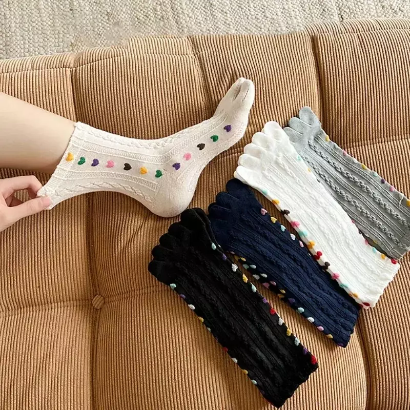 Ins Colorful Heart Braid Five Finger Socks For Women Spring Autumn Middle Tube Cotton Socks Breathable Crew Socks Streetwear